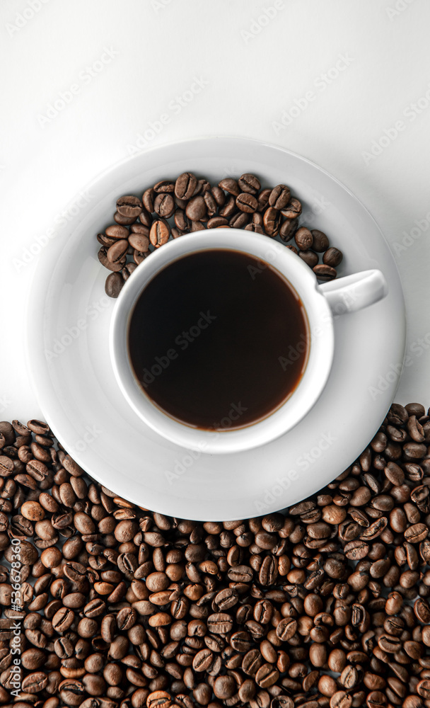 Cup of coffee and coffee beans, flat lay. Cup of coffee and coffee beans, flat lay.