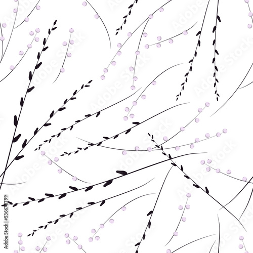 Twigs with seed pods and pink berries on a white background. Seamless vector pattern.
