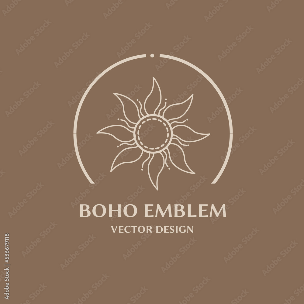 Vector linear boho emblems.Bohemian logos design with cloudy sky,guiding star,crescent moon,sun and sunburst.Modern celestial icons or symbols in trendy minimalist style.Branding design templates.