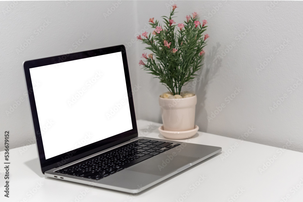 Computer laptop mock up with blank screen on desk.modern technology concept. Computer laptop mock up with blank screen on desk.modern technology concept.