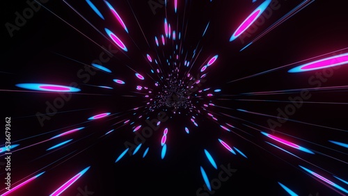 3D illustration of colorful light trailing effect inside a rectangular tunnel. Beautiful seamless loop animation for the stage show.