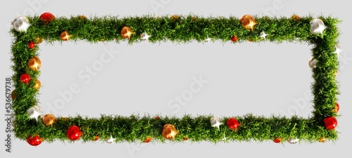 Beautiful Christmas wreath rectangular frame on white background, top view with pace for text (3D Rendering)