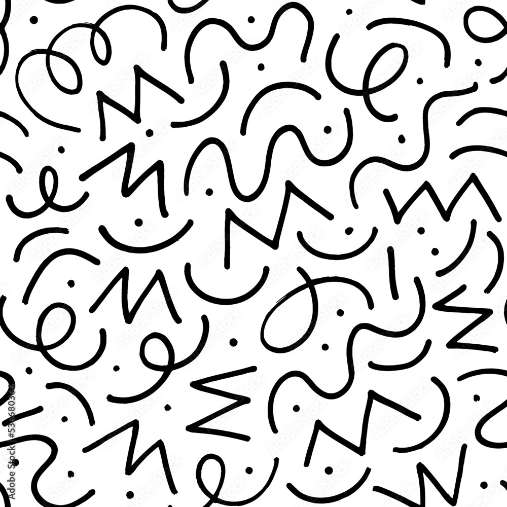 Geometric vector seamless pattern in Memphis style with thin curved and zig zag lines, dots. Black and white doodle texture. Retro fashion style 80-90s. Hand drawn ornament with thin brush strokes. Geometric vector seamless pattern in Memphis style with thin curved and zig zag lines, dots. Black and white doodle texture. Retro fashion style 80-90s. Hand drawn ornament with thin brush strokes.