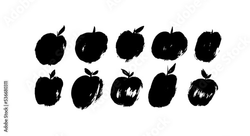 Hand drawn apple silhouettes collection. Brush drawn apples ink illustrations. Abstract fruit painted with a dry brush isolated on white background. Vintage, retro and sketch style. 