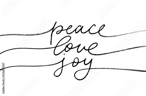 Peace Love Joy mono line lettering with swashes. Hand drawn vector calligraphy isolated on white background. Calligraphy phrase for Christmas. Holiday cursive text. Modern pen lettering. 