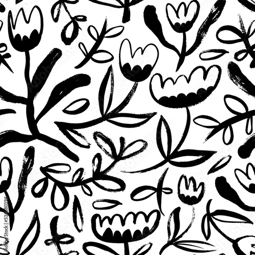Bold flower branches and blossoms vector seamless pattern. Vector abstract floral motif. Decorative ornament in naive design style. Hand drawn tulips or wild plants. Decorative floral ornament.