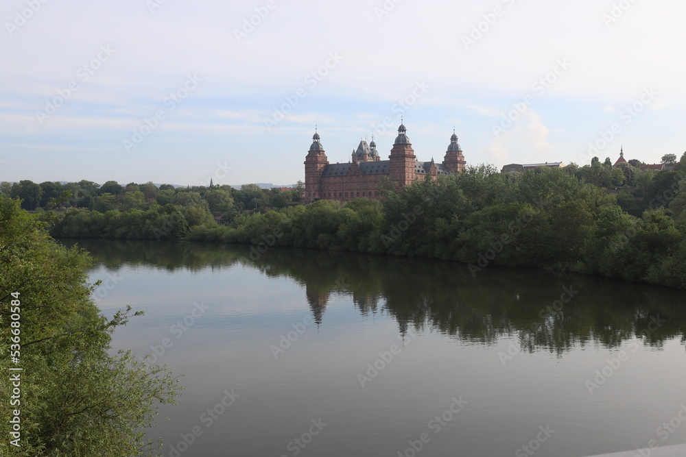 Johannisburg Castle, Castle Park in Aschaffenburg in the morning. Pompejanum with beautiful planting in spring. Germany Bavaria sights