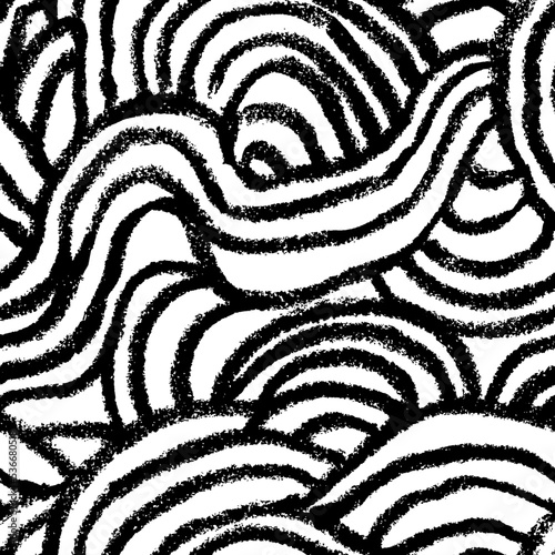 Japanese style waves seamless pattern. Hand drawn vector ornament with curved bold lines. Charcoal or pencil drawing. Black and white repeating geometric texture. Vector illustration with sea waves.