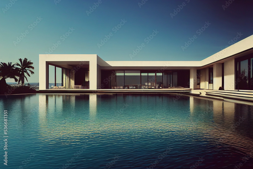 Ultra wide angle view of a modern villa and a luxurious infinity pool with a sunset reflection, residential architecture, photorealistic illustration