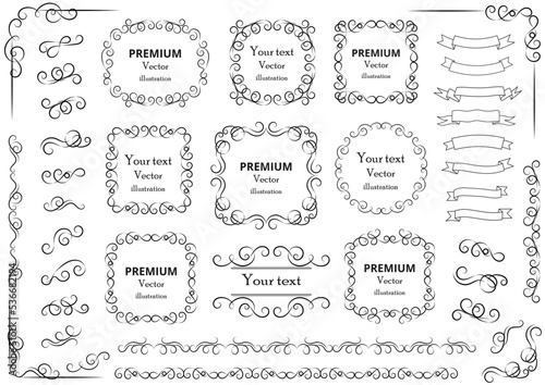 Calligraphic design elements . Decorative swirls or scrolls, vintage frames , flourishes, labels and dividers. Retro illustration