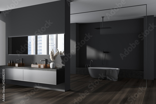 Corner view on dark bathroom interior with mirror, shower, bathtub