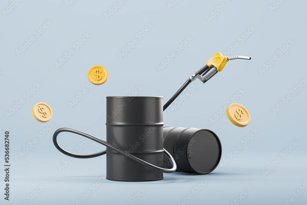 Fototapeta premium Oil barrel container and gas pump with floating dollar coins, high prices