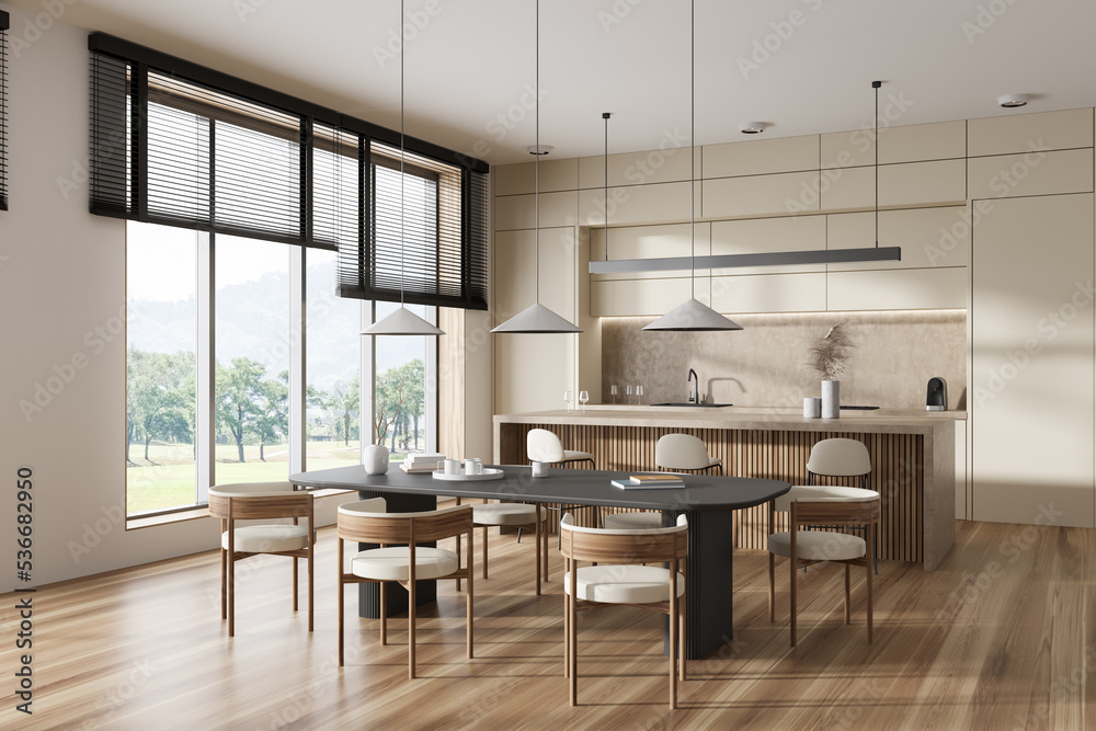 Stylish kitchen interior with dining and cooking area, panoramic window Stylish kitchen interior with dining and cooking area, panoramic window