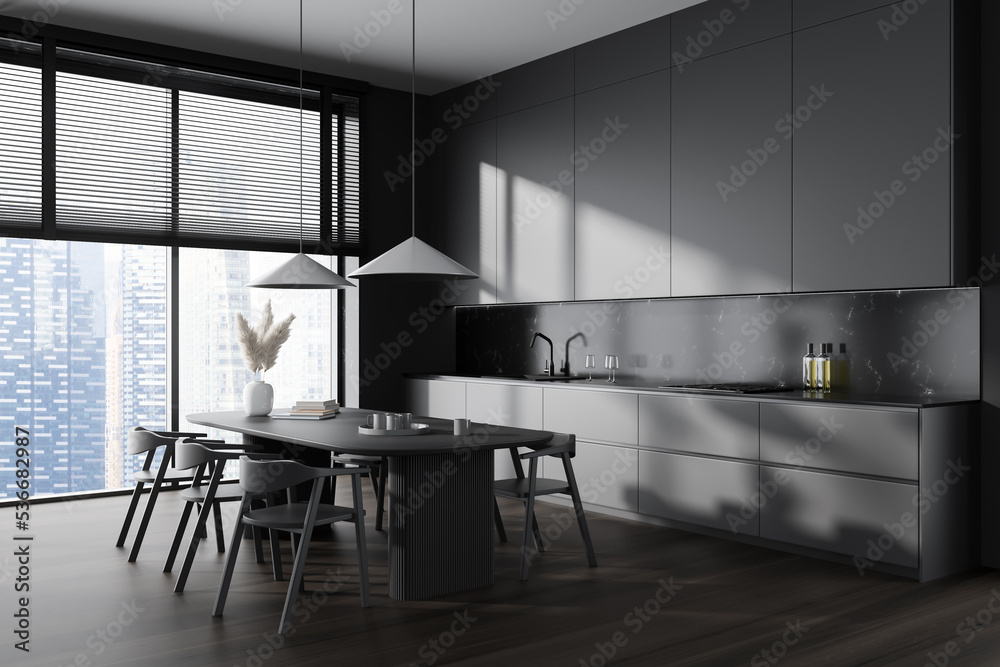 Fototapeta premium Grey kitchen interior with dining table and chairs, panoramic window