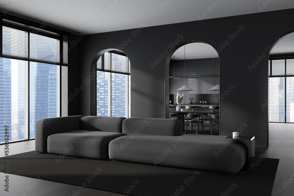 Grey studio interior with relax and cooking area, panoramic window Grey studio interior with relax and cooking area, panoramic window