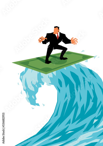 Businessman Surfing on Dollar on White