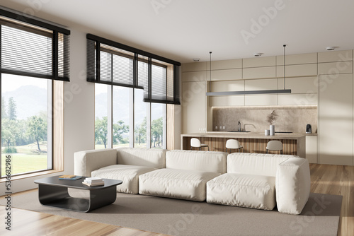 Light studio interior with chill and cooking area, panoramic window © ImageFlow