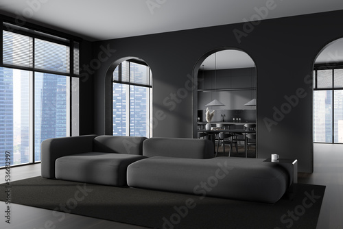 Grey studio interior with relax and cooking area, panoramic window