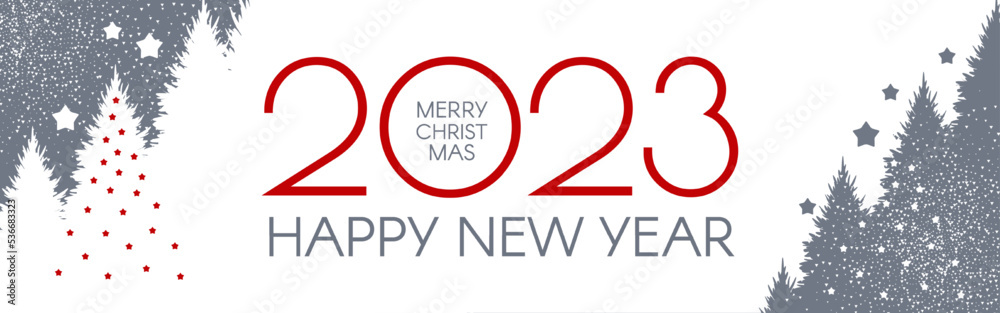 Happy New 2023 Year flyer design template. Elegant white card with Christmas trees. Coniferous forest Happy New 2023 Year flyer design template. Elegant white card with Christmas trees. Coniferous forest