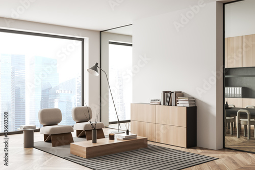 Light office room interior with relax and conference area, window. Mockup wall