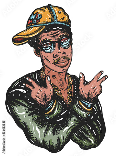 Hip hop man. Rap battle art. Cool rapper in baseball cap. African American teenager musician, portrait. Old school tattoo vector art. Hand drawn graphic. Isolated on white