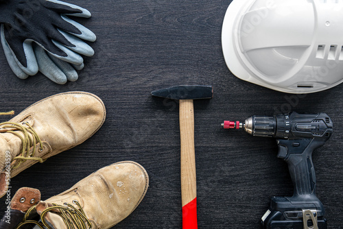 Working tools and things of a worker, builder or electrician, top view.