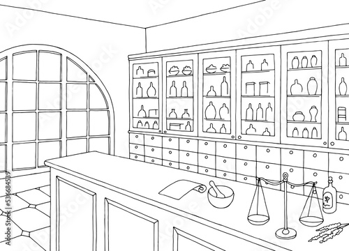 Old pharmacy interior graphic store shop black white sketch illustration vector