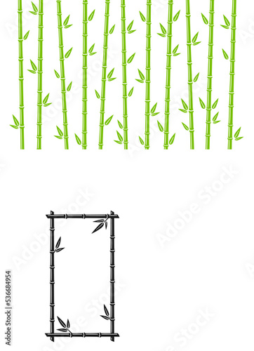 Black bamboo stalk rectangle frame. Vertical natural text box. Bamboo branch border with leaves. Blank frame template. Vector illustration isolated on white background.