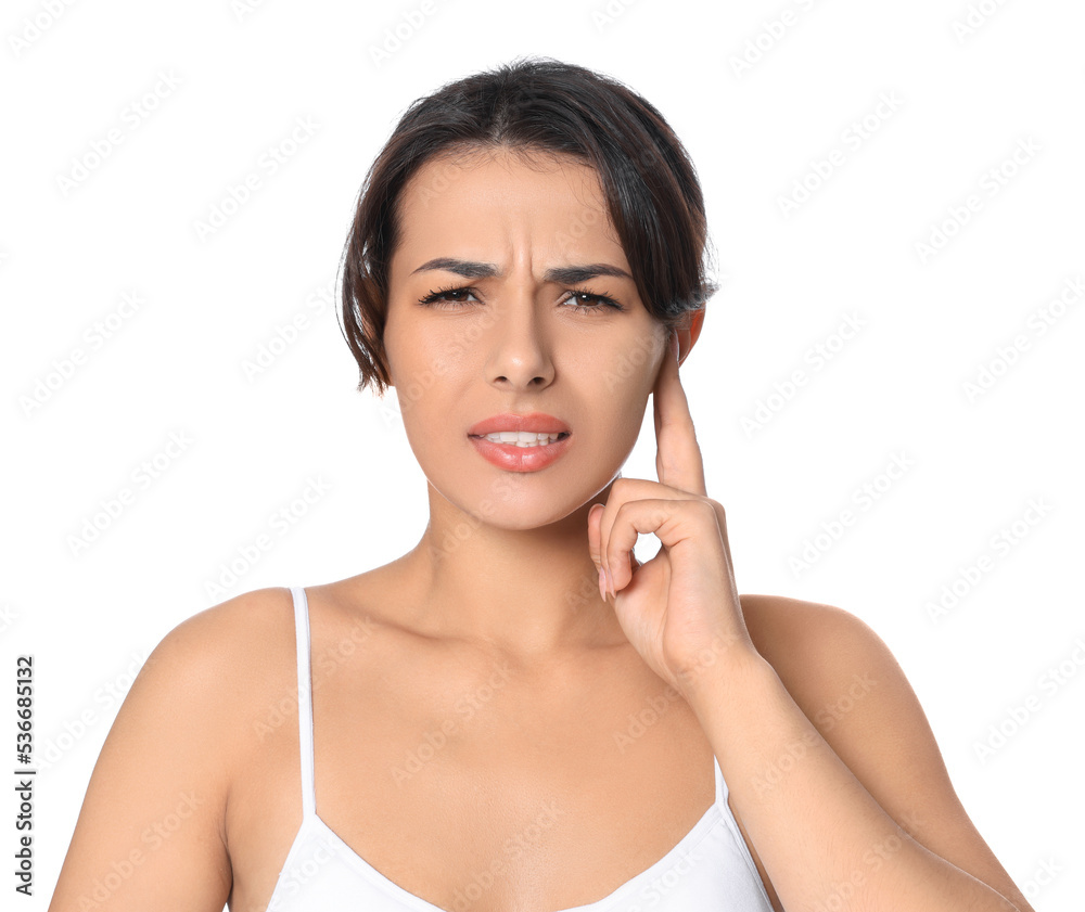 Young woman suffering from ear pain on white background Young woman suffering from ear pain on white background