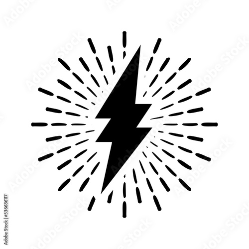 Vintage lightning bolt and sun rays isolated on white background. Lightnings with sunburst effect. Thunderbolt, electric shock sign. Vector illustration