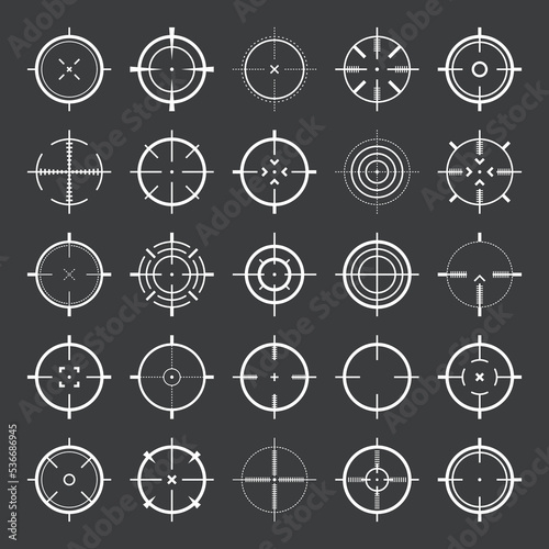 Crosshair, gun sight vector icons. Bullseye, target or aim symbol. Military rifle scope, shooting mark sign. Targeting, aiming for a shot. Archery, hunting and sports shooting. Game UI element.