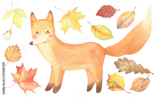 Watercolor set of isolated element for design. autumn leaves. stylized fox. hand drawn illustration. fairy tale characters 