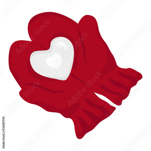 Winter greeting card. Two hands in red knitted mittens are holding snowball in form of heart. Trendy creative design concept.