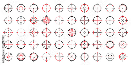 Crosshair, gun sight vector icons. Bullseye, black target or aim symbol. Military rifle scope, shooting mark sign. Targeting, aiming for a shot. Archery, hunting and sports shooting. Game UI element.