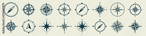 Vintage marine wind rose, nautical chart. Monochrome navigational compass with cardinal directions of North, East, South, West. Geographical position, cartography and navigation. Vector illustration.