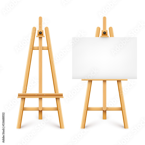 Realistic paint desk with blank white canvas. Wooden easel and a sheet of drawing paper. Presentation board on a tripod. Artwork mockup, template. Vector illustration