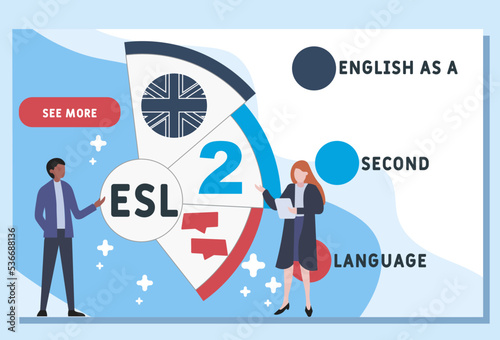 esl - english as a second language acronym. business concept background. vector illustration concept with keywords and icons. lettering illustration with icons for web banner, flyer, landing pag photo
