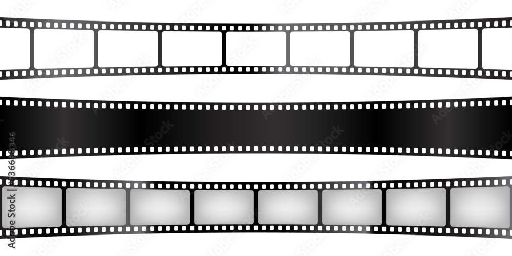 Curved film strips collection. Old retro cinema movie strip. Analog video recording equipment. Vector illustration