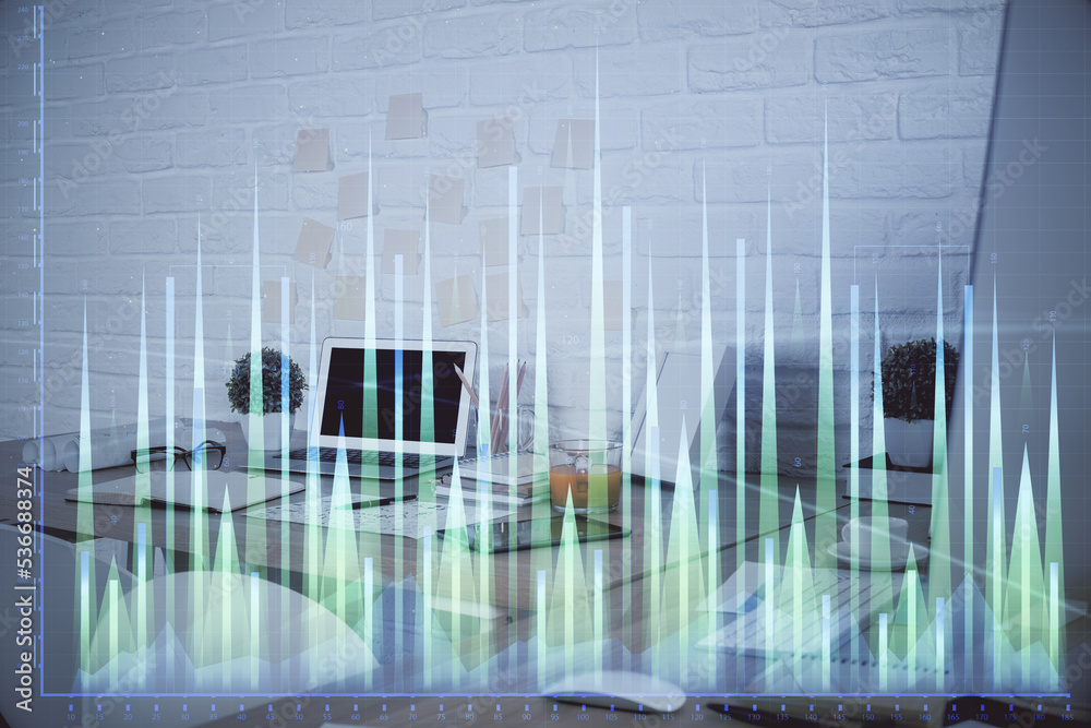 Multi exposure of stock market chart drawing and office interior background. Concept of financial analysis. Multi exposure of stock market chart drawing and office interior background. Concept of financial analysis.