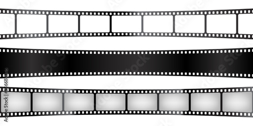 Curved film strips collection. Old retro cinema movie strip. Analog video recording equipment. Vector illustration