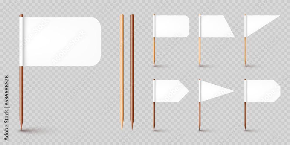 Realistic various toothpick flags. Wooden toothpicks with white paper flag. Location mark, map pointer. Blank mockup for advertising and promotions. Vector illustration