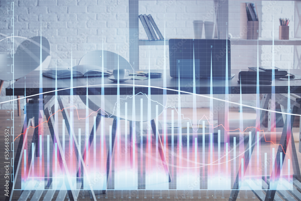 Multi exposure of stock market chart drawing and office interior background. Concept of financial analysis.