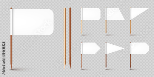 Realistic various toothpick flags. Wooden toothpicks with white paper flag. Location mark, map pointer. Blank mockup for advertising and promotions. Vector illustration