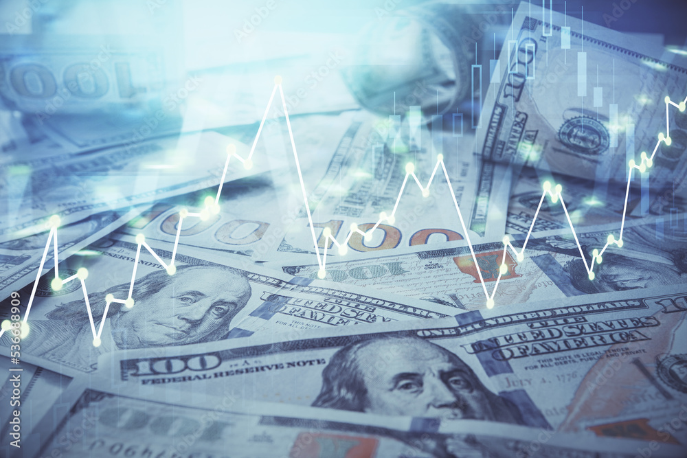 Multi exposure of forex chart drawing over us dollars bill background. Concept of financial success markets. Multi exposure of forex chart drawing over us dollars bill background. Concept of financial success markets.