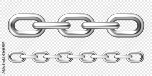 Realistic metal chain with silver links on checkered background. Vector illustration.