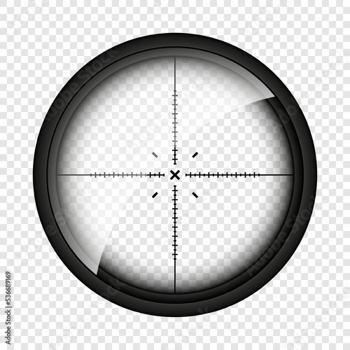 Weapon sight, sniper rifle optical scope. Hunting gun viewfinder with crosshair. Aim, shooting mark symbol. Military target sign, silhouette. Game interface UI element. Vector illustration