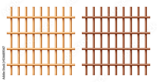 Realistic wooden lattice, rural picket fence. Farm or village house boundary, garden enclosing planks. Detailed wooden jail cage. Criminal background mockup. Creative vector illustration