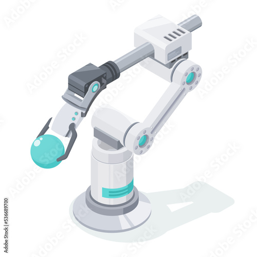 robot arm factory technician programing leaning system isometric model cartoon on clean simple white isolate
