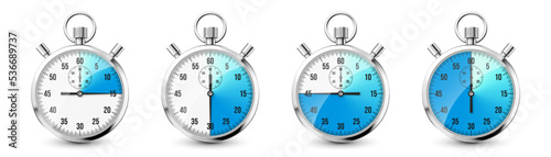 Realistic classic stopwatch icons. Shiny metal chronometer, time counter with dial. Blue countdown timer showing minutes and seconds. Time measurement for sport, start and finish. Vector illustration