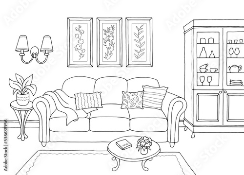 Living room graphic black white interior sketch illustration vector 